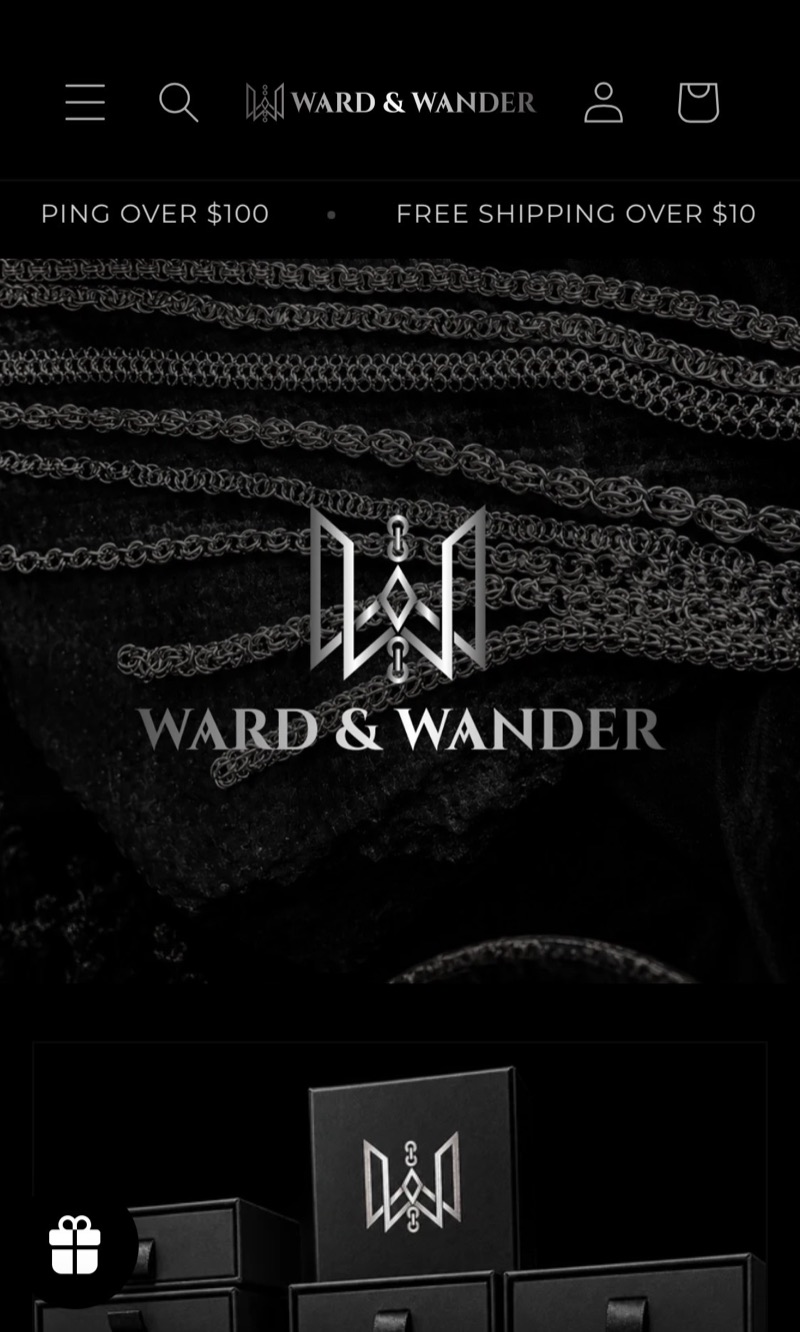 Ward & Wander jewellery website shown on a phone: dark hero with silver chains, the W monogram logo and black gift boxes